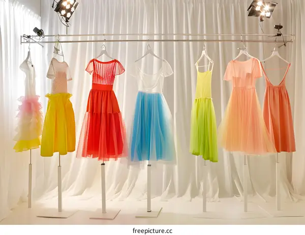 Colorful Dresses Hanging On Racks In Front Of White Curtains