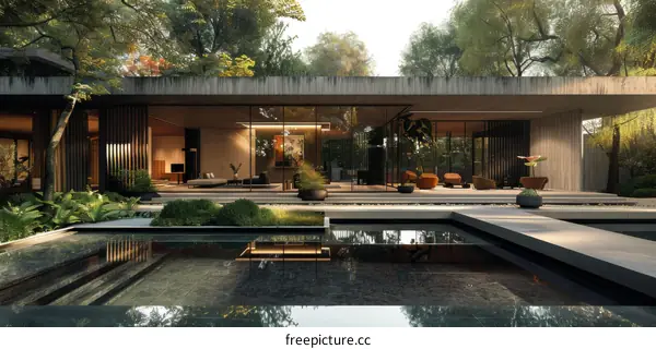 Modernist House with Pool and Lush Greenery