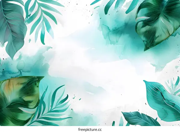 Tropical Green Watercolor Leaves  Frame Background