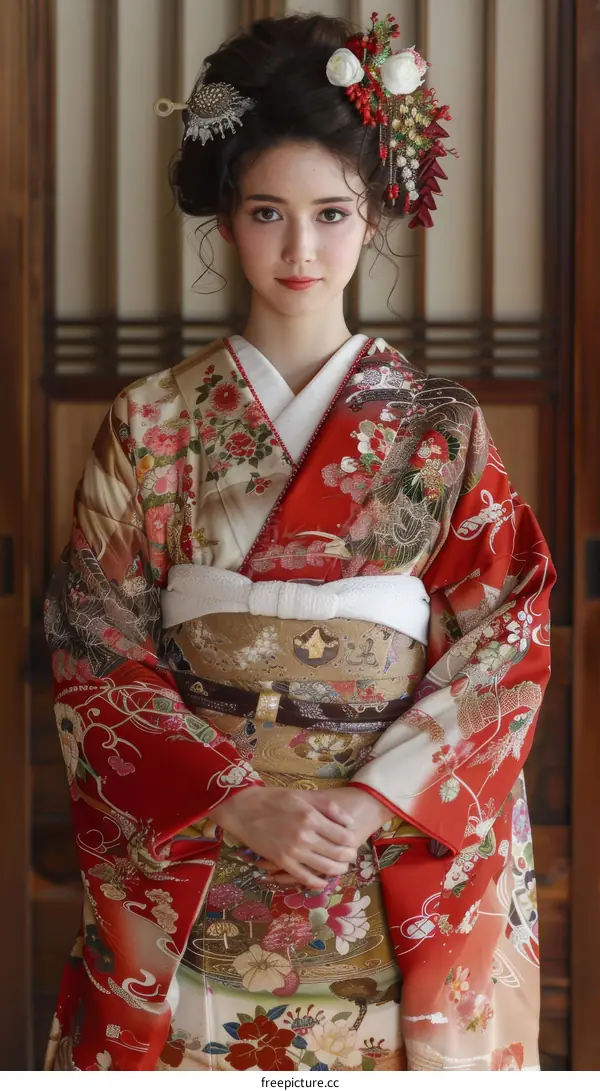 Portrait of a young woman in a kimono