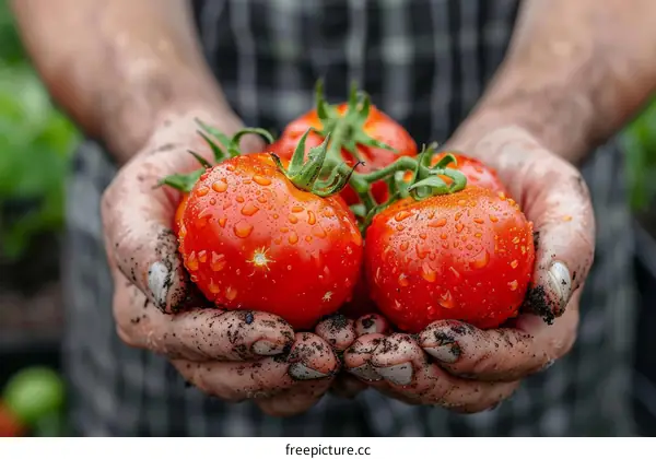 Farmer Hands Holding Freshly Picked Tomatoes