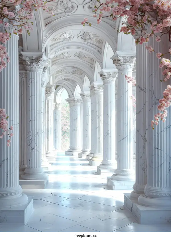 Elegant White Marble Hallway with Pink Flowers