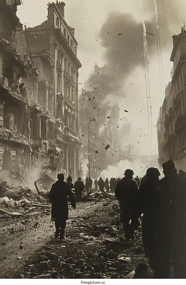 The aftermath of an air raid on London during the Blitz, 1940.