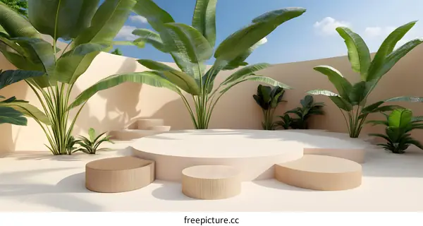 Minimalist 3D Rendering of Beige Platforms With Tropical Plants in a Tropical Garden