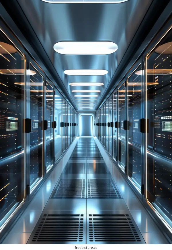 Modern Server Room Corridor with Glass Doors