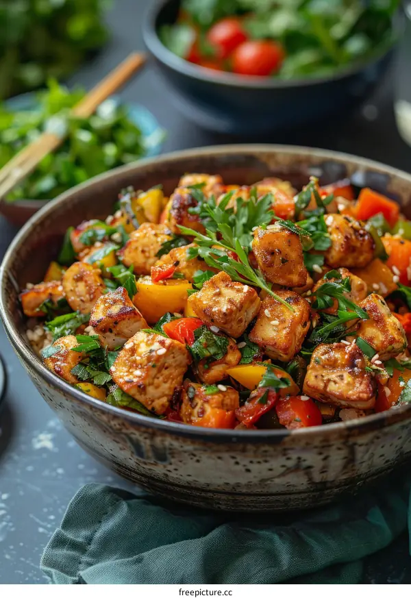 Vegan tofu stir fry with rice and vegetables