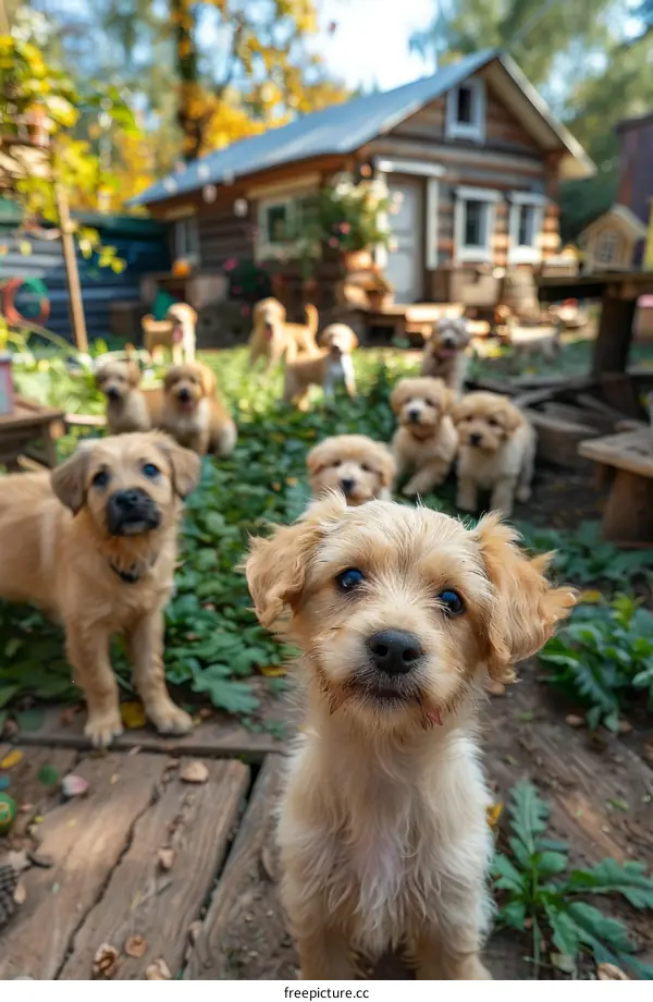 A group of puppies playing outside a wooden house
