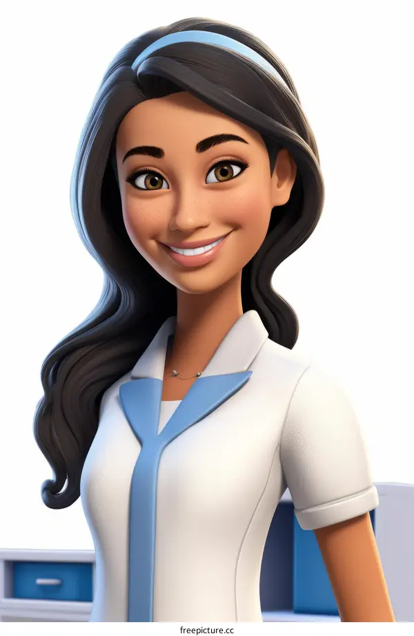 An illustration of a young woman of color with long, dark hair wearing a white lab coat and blue necktie smiling at the viewer.