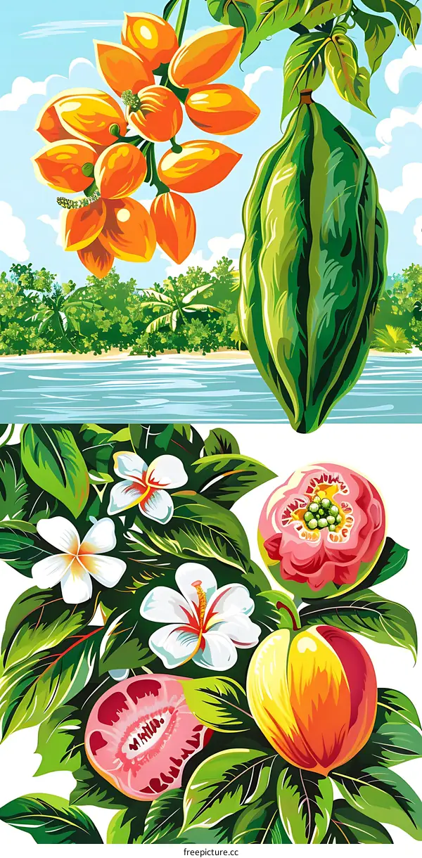 Tropical Fruits and Flowers Illustration