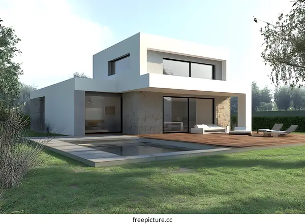 Modern House with Swimming Pool and Deck in the Backyard