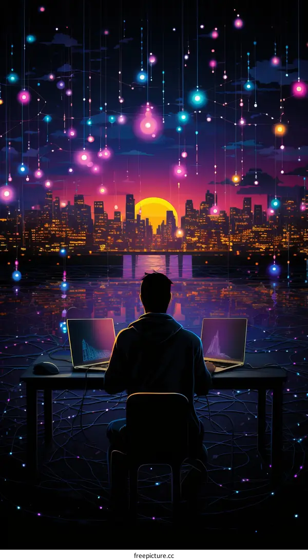 Hacker Working in the Dark with Computers and City View