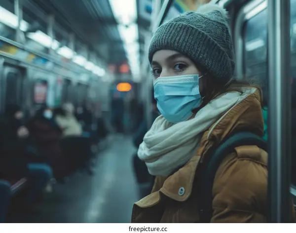 A young woman wearing a mask on a subway train