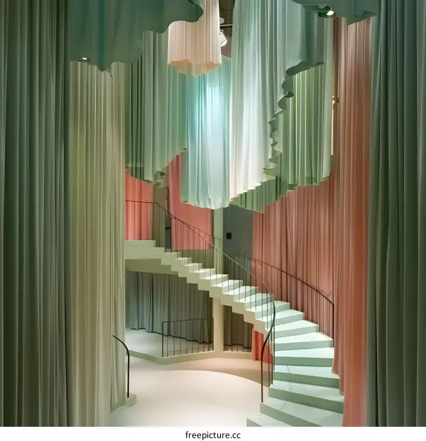 Abstract Interior Design with Green and Pink Curtains and Staircase