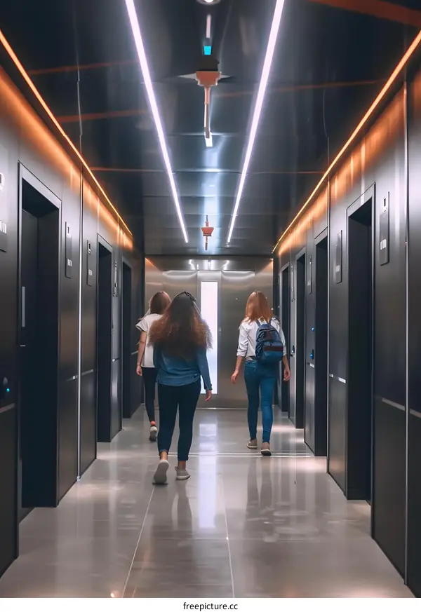 Three Women Walking Down a Hallway in a Modern Building