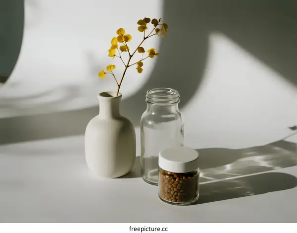 Minimalist Still Life with White Vase and Yellow Flowers