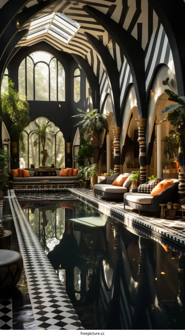 Striking Black and White Indoor Pool with Lush Plants
