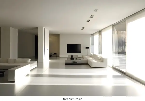 Modern Minimalist Living Room Interior Design With White Sofa And Large Windows
