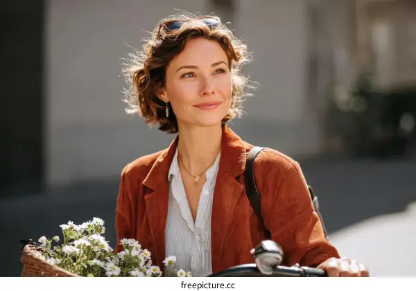 Woman with Flowers on a City Bike