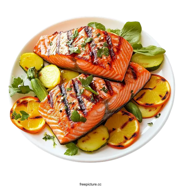 [Transparent Background PNG]Grilled Salmon with Roasted Vegetables and Citrus
