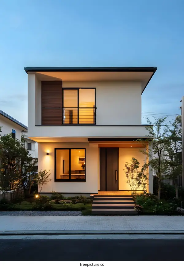 Modern Two Story House with Wooden Accents and Front Yard Landscaping