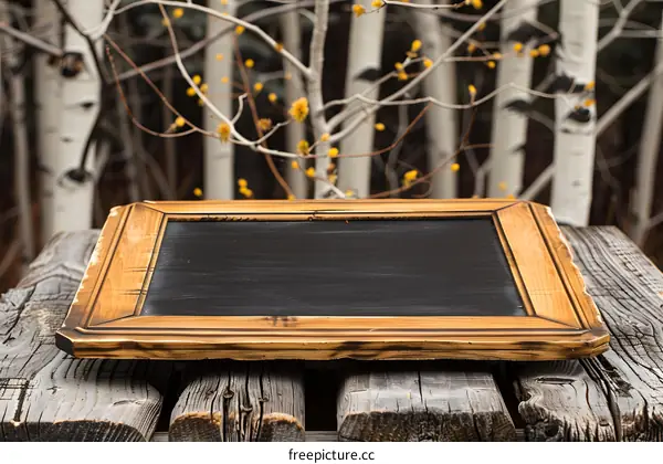 Wooden Framed Chalkboard on Rustic Wooden Table with Blurred Aspen Tree Background