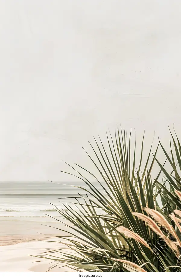 Green Tropical Plant with Beach and Ocean in Background