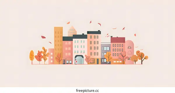 Autumn Cityscape with People and Birds Flying