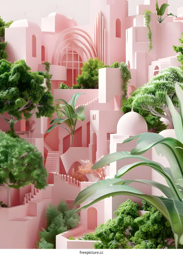 Pink City with Green Trees and Lush Plants