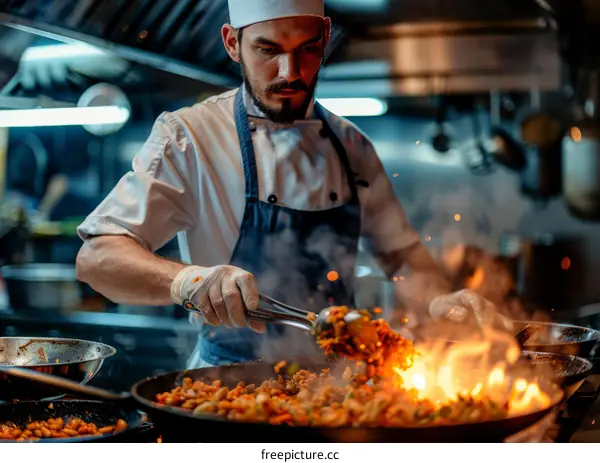 chef cooking with fire in kitchen