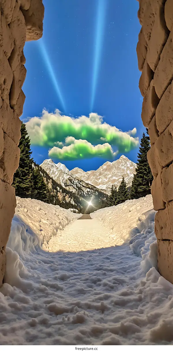 Mountain View Through Stone Archway with Northern Lights