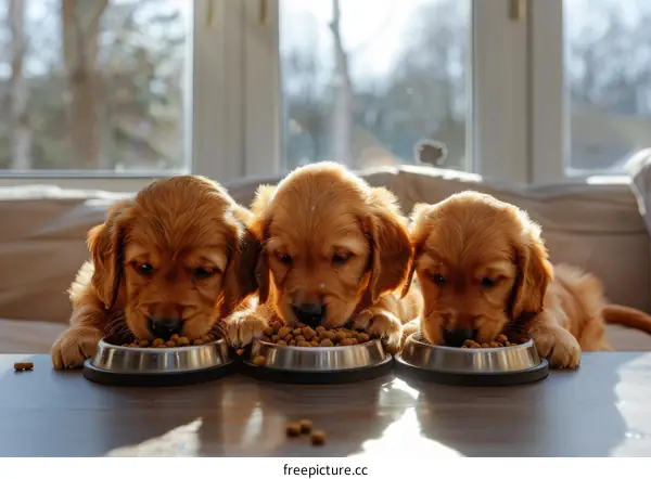 Three cute golden retriever puppies eating food from bowls
