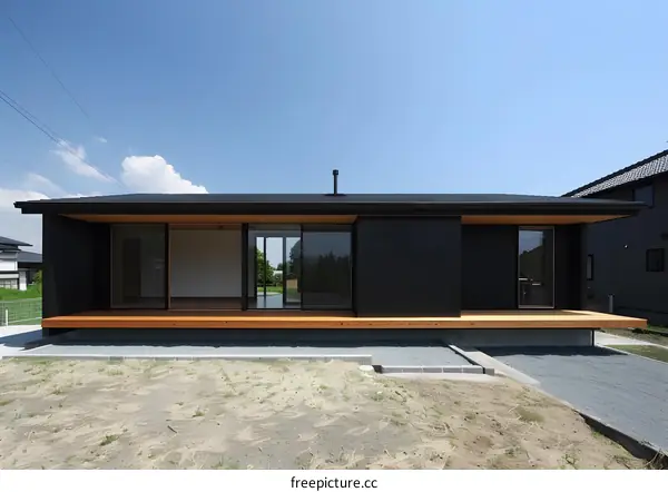 Modern Black House with Wooden Deck and Large Windows