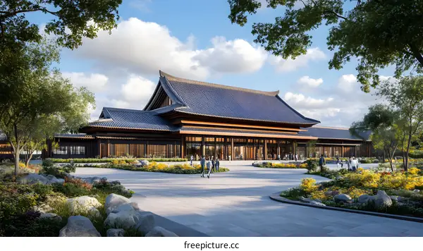 Traditional Chinese Architecture with People in Front