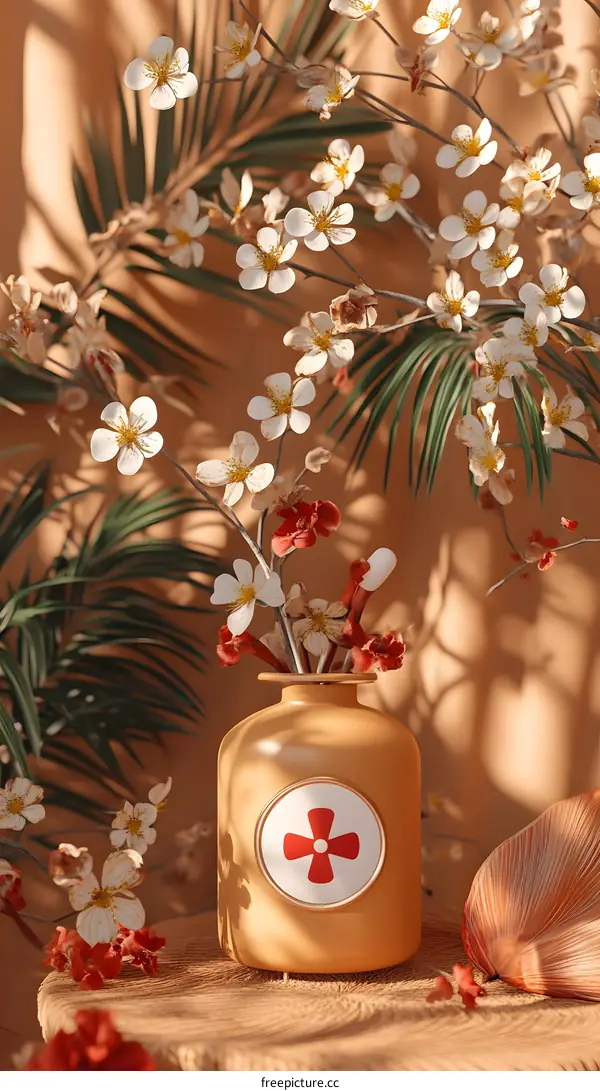 Vase with White and Red Flowers in Minimalist Still Life