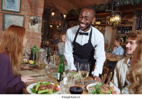Restaurant Dinner with Happy Customers and Waiter