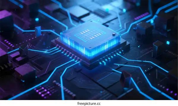 Blue Glowing Microchip on Circuit Board with Neon Lines
