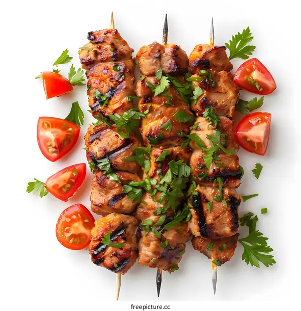 Grilled pork skewers with tomatoes and parsley