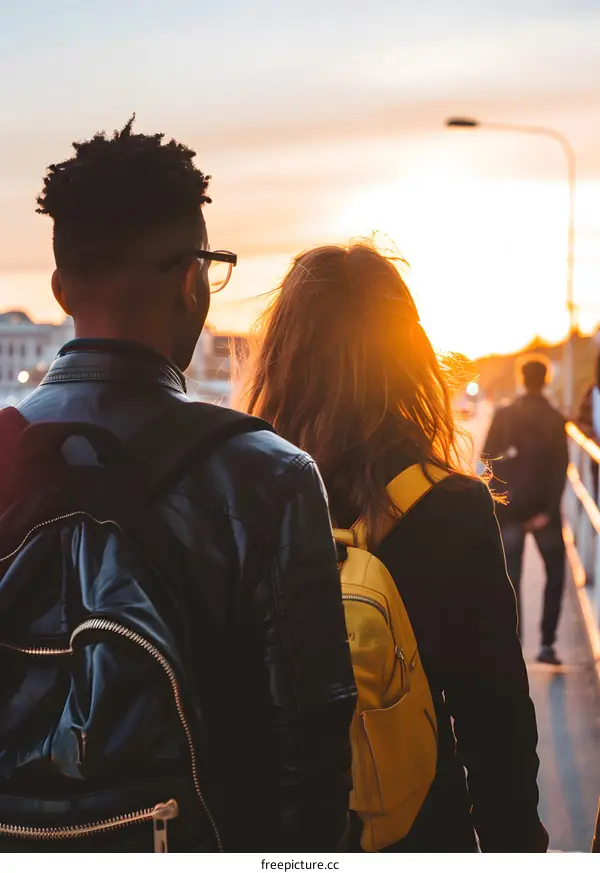 Couple Walking Sunset Golden Hour
