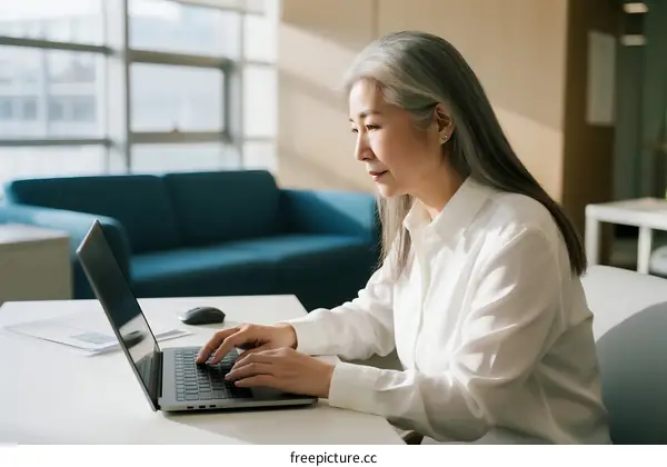 Mature woman working on laptop in modern office setting