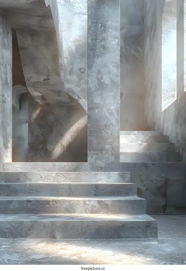 Stone pillars and steps bathed in light and shadow