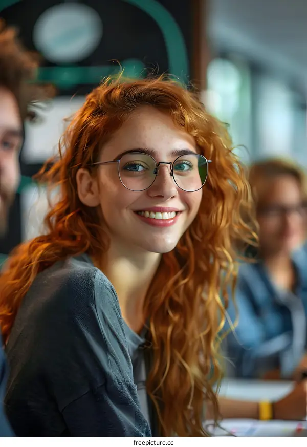 portrait of a smiling redheaded woman wearing glasses in a group of people