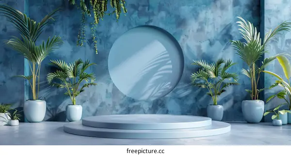 Blue Podium with Tropical Plants