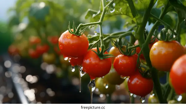 Ripe Tomatoes on the Vine with Water Drops