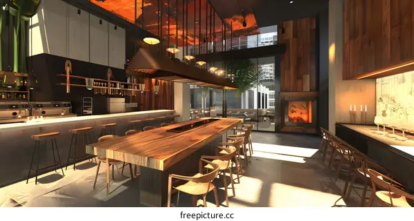 Modern Restaurant Interior Design with Wood Accents and a Fireplace