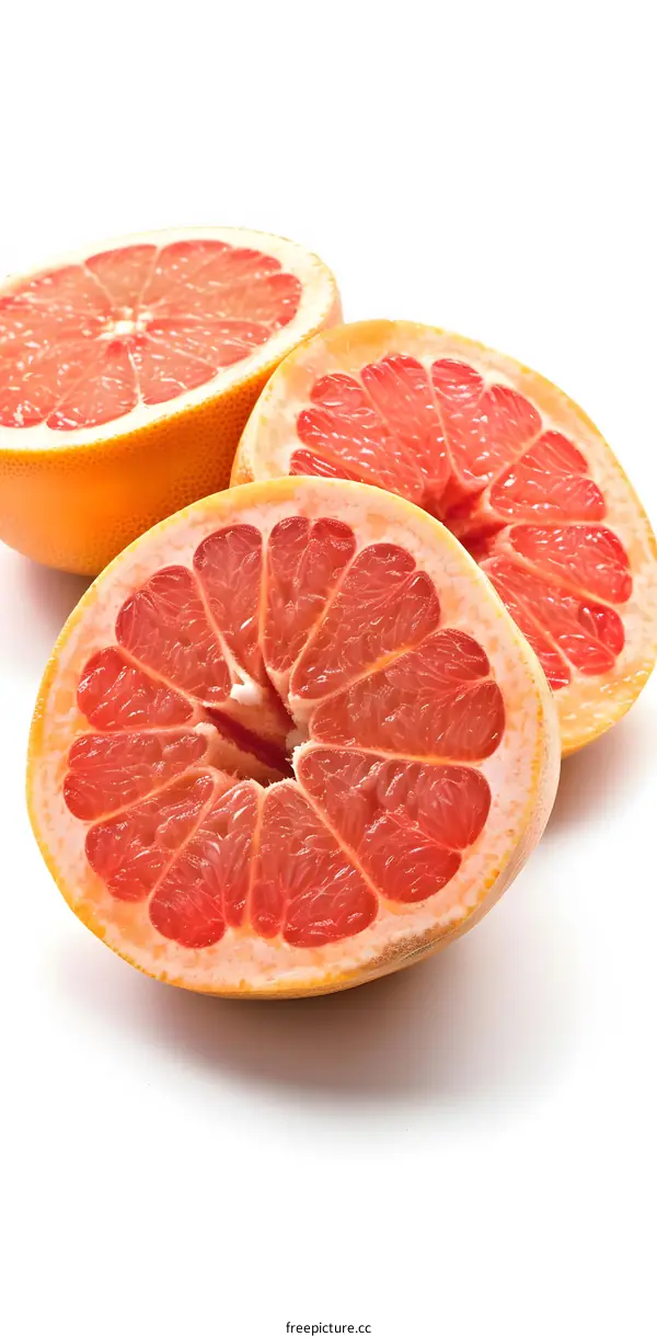 Close Up of Three Halved Pink Grapefruit