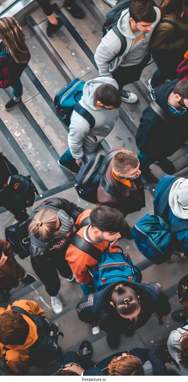 People Walking Down Stairs with Backpacks