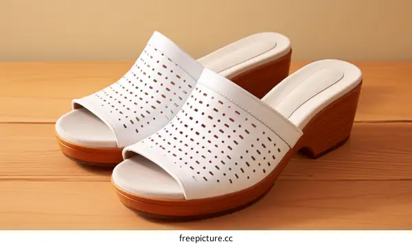 A pair of white leather clogs with a wooden heel and a beige insole