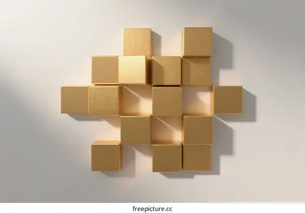 Arrangement of Golden Cubes on White Background with Geometric Pattern