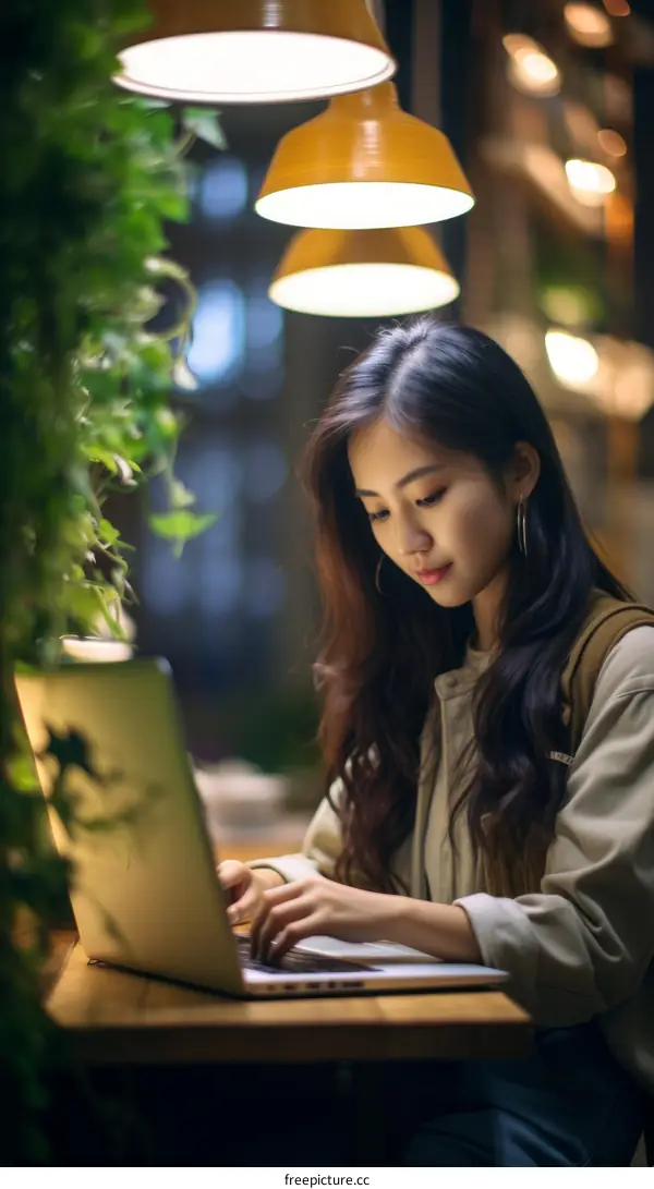 Asian woman working on laptop in cafe