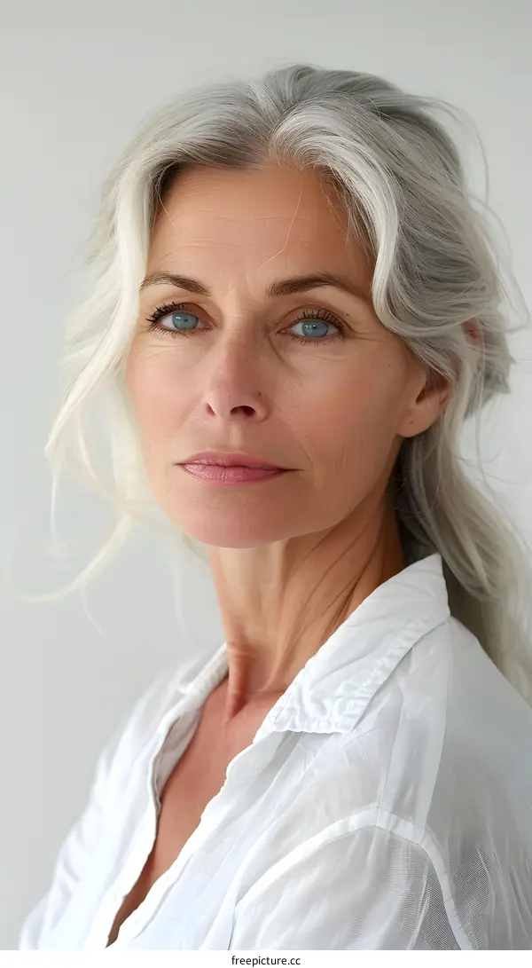 portrait of a beautiful mature woman with gray hair and blue eyes